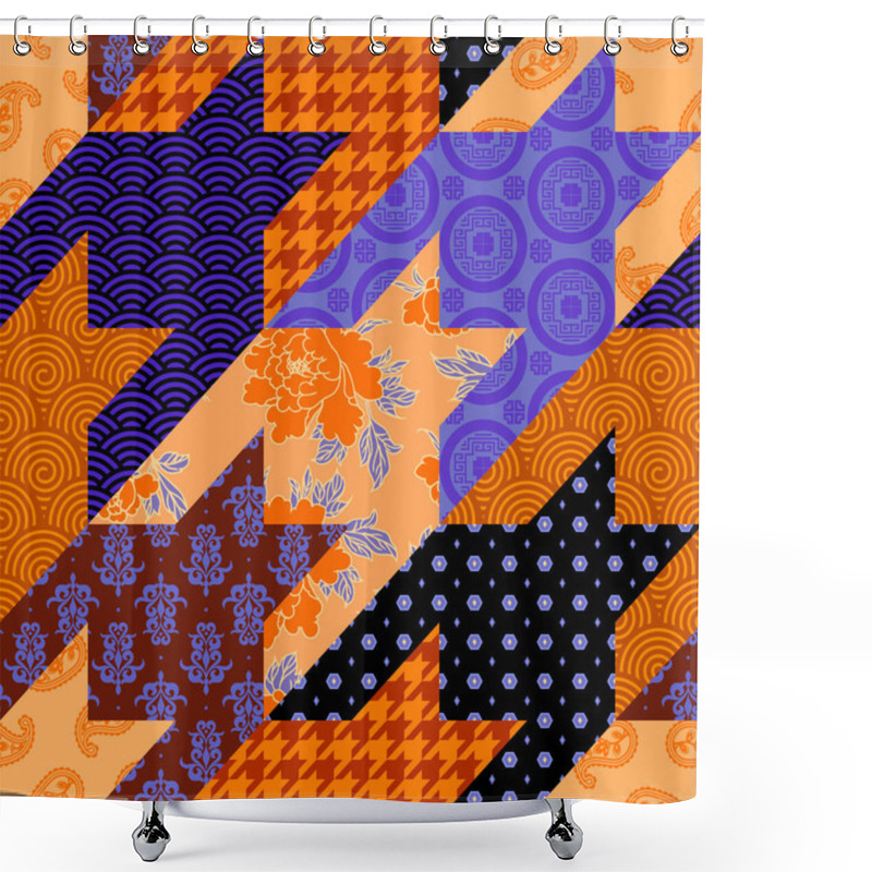 Personality  Seamless Geometric Pattern. Blue Hounds-tooth Pattern In Patchwork Style. Vector Image. Shower Curtains