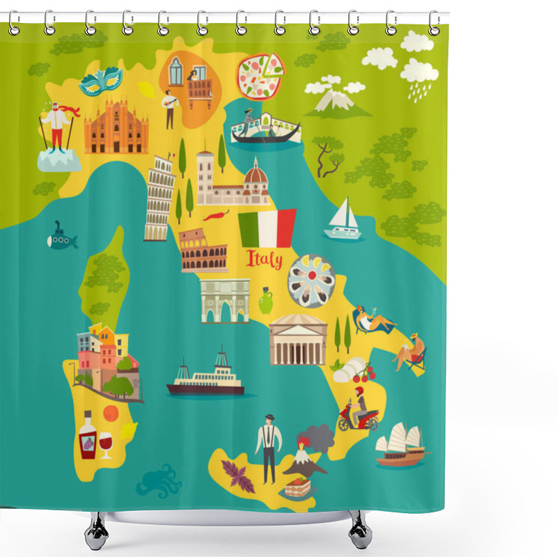 Personality  Italy Poster. Cartoon Map Of Italy For Kid/children. Italian Landmarks Vector Cute Poster. Illustrated Card. Italian Mozzarella And Pizza, Travel Attractions And Landmarks Shower Curtains