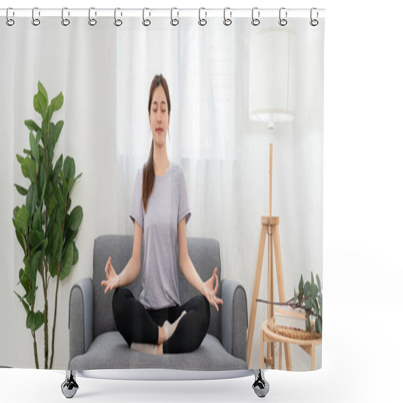 Personality  Young Woman Is Relaxing Into The Lotus Position For Meditation On Couch Before Workout Yoga Exercise In Her Living Room At Home. Shower Curtains