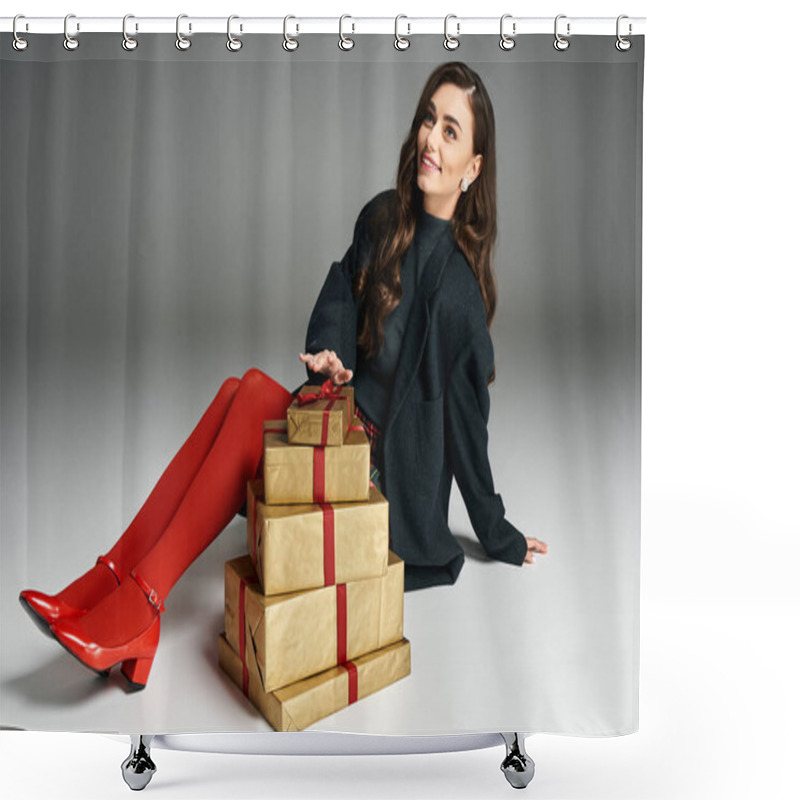 Personality  Stylish Young Woman Poses Beside Beautifully Wrapped Gifts, Enjoying Festive Moments Indoors. Shower Curtains