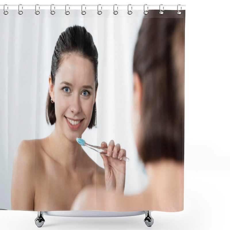 Personality  Pretty Smiling Girl Holding Toothbrush Near Mirror In Bathroom Shower Curtains