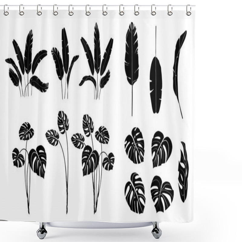 Personality  Set Of Vector Banana, Monstera, Palm Leaves Isolated On White Background. Exotic Tropical Plants. Used For Card,print, Wallpaper,plant Shop, Travel Agency. Contour And Silhouette. Black And White Shower Curtains