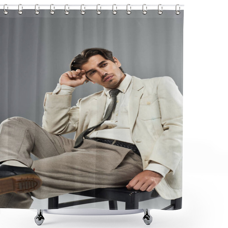 Personality  A Dapper Young Man Sits Casually, Contemplating Life While Showcasing His Elegant Formal Attire In A Studio. Shower Curtains