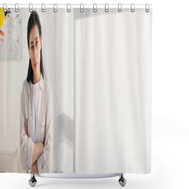 Personality  Panoramic Shot Of Serious Latin Woman Looking At Camera While Standing With Crossed Arms Shower Curtains