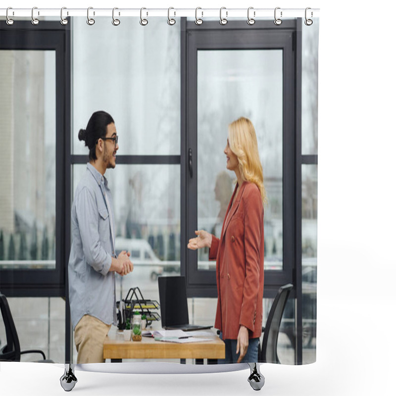 Personality  A Man And Woman Are Talking In An Office. Shower Curtains