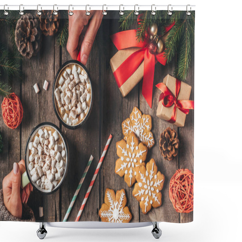 Personality  Cropped View Of Couple Holding Cocoa Cups With Marshmallows And Gingerbread On Wooden Background With Christmas Decor Shower Curtains