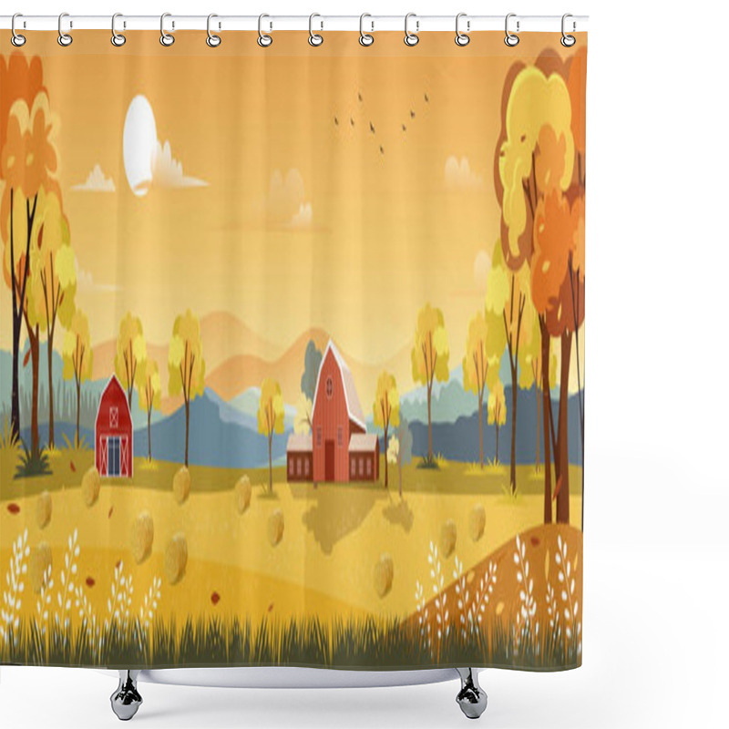 Personality   Vector Autumn Panorama Landscape Farm Field With Orange Sky, Beautiful Sunset In Autumn Countryside Panorama View With Yellow Foliage,Fall Season With Copy Space For Banner Background Shower Curtains