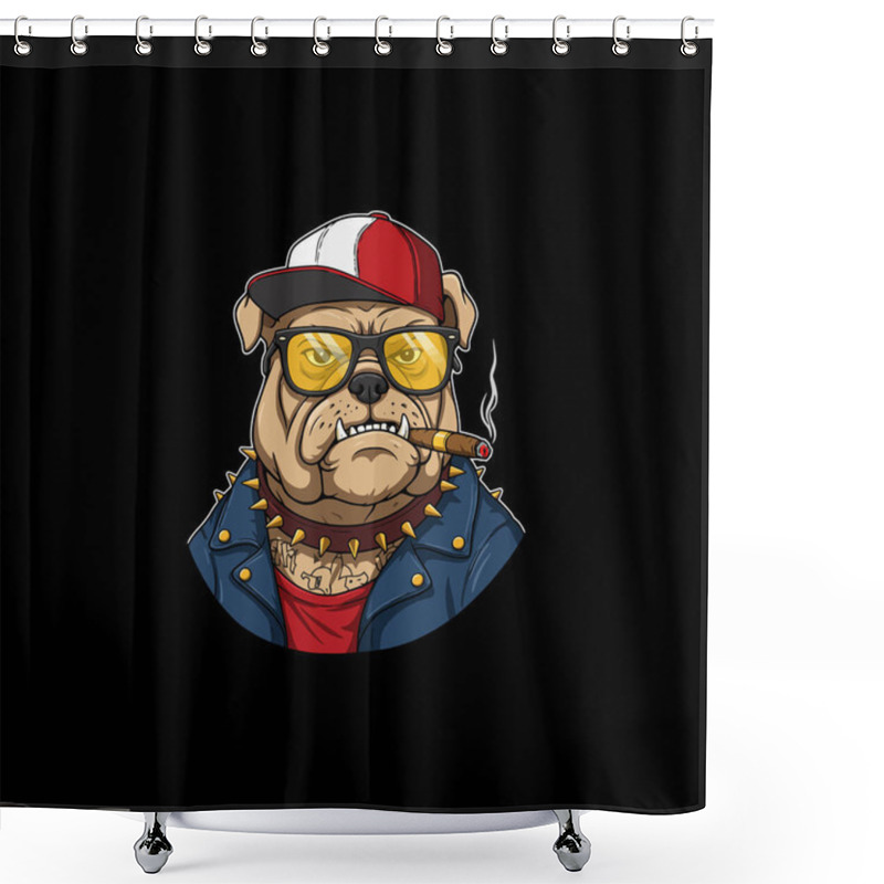 Personality  A Tough Bulldog Rocks Sunglasses, A Spiked Collar, And A Leather Jacket, Exuding A Cool And Edgy Vibe. The Illustration's Bold Lines And Colors Create A Striking Image. Shower Curtains