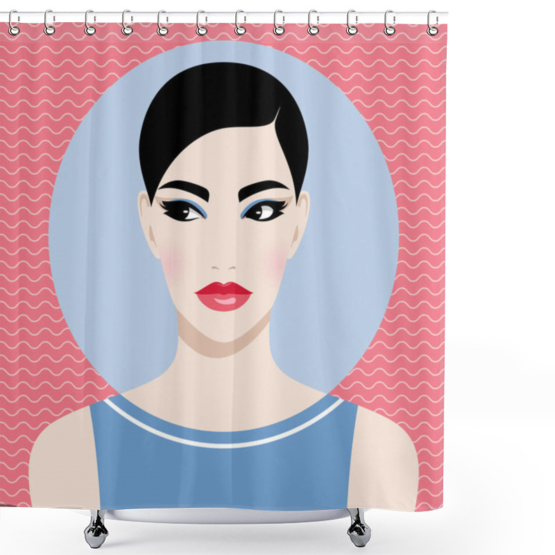 Personality  Beautiful Fashionable Elegant Young Woman With Fresh Look, Rosy Cheeks, Full Rosy Lips And Short Black Hair, Wearing Blue Eyeshadow And Blue Dress, Colorful Vector Portrait, Front View Shower Curtains