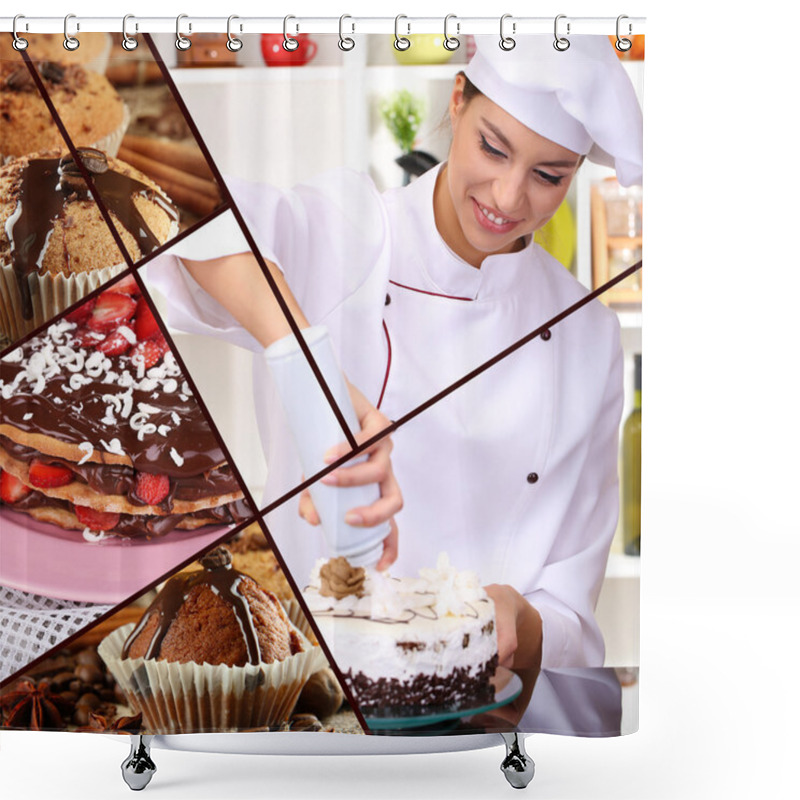 Personality  Collage Of Confectionery Theme Consisting Of Delicious Pastries And Cook Shower Curtains