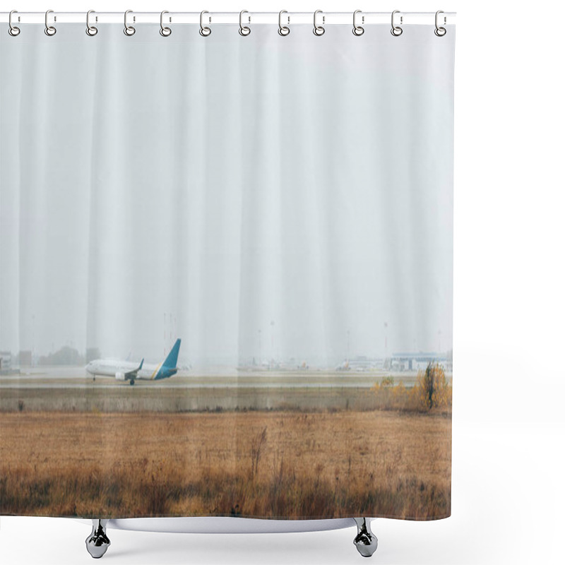 Personality  Flight Departure Of Plane On Airport Runway With Cloudy Sky Shower Curtains