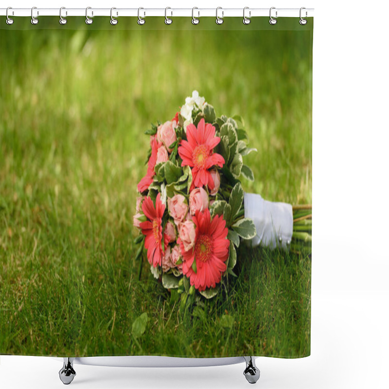 Personality  A Colourfull Wedding Bouquet Laying On Grass Wiht Copy Space Around It Shower Curtains