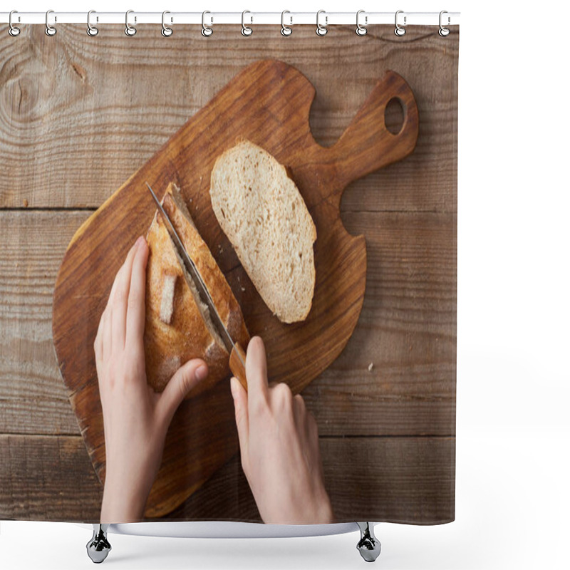 Personality  Partial View Of Woman Slicing Loaf Of Bread On Wooden Chopping Board Shower Curtains