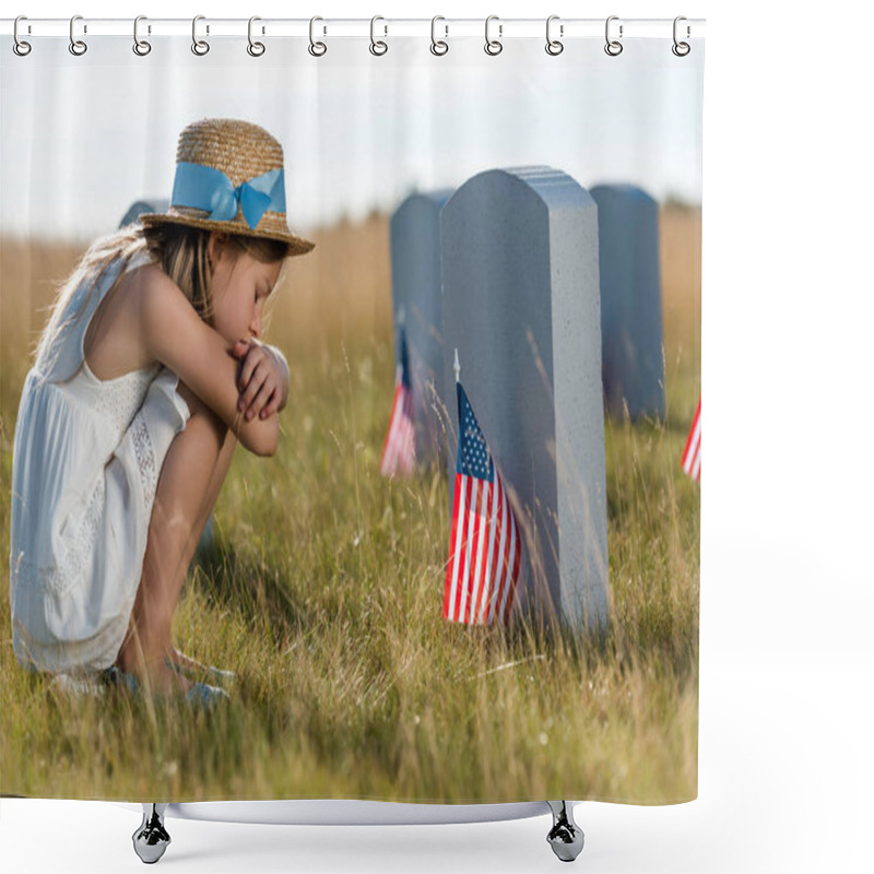 Personality  Sad Kid In Straw Hat Sitting Near Headstones With American Flags  Shower Curtains