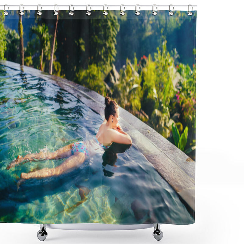 Personality  Young Beautiful Woman In Outdoors Swimming Pool. Holiday Concept With Woman Sunbathing In Infinity Swimming Pool  Shower Curtains