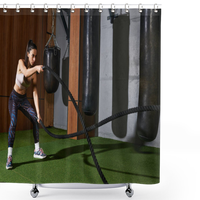 Personality  A Dedicated Woman Engages In An Intense Exercise Routine Using Battle Ropes In A Gym. Shower Curtains