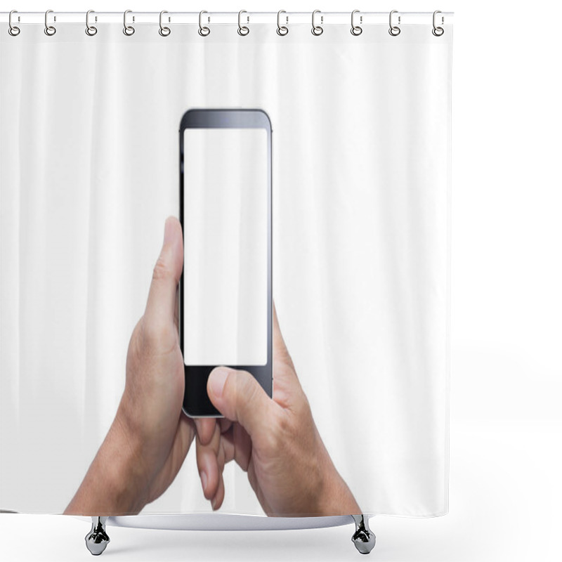 Personality  Hands Holding And Using Smartphone Blank Screen On White Shower Curtains