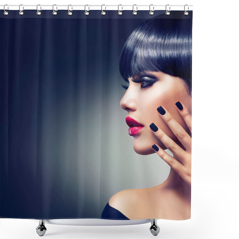 Personality  Beautiful Brunette Girl Portrait. Face. Makeup. Sensual Red Lips Shower Curtains