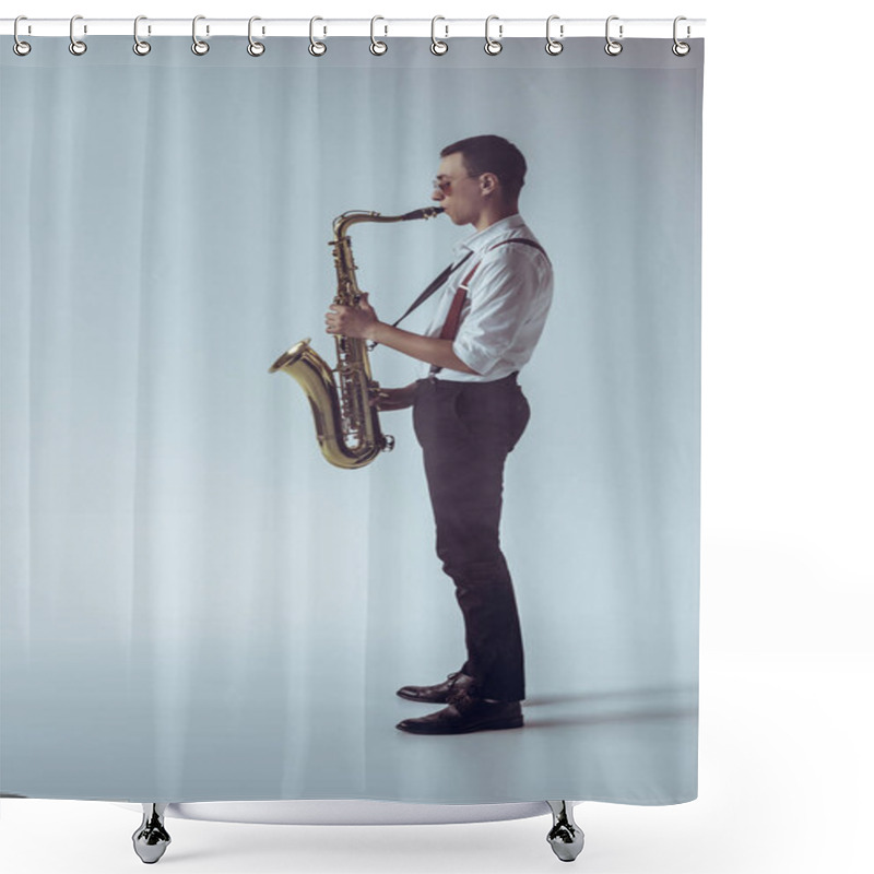 Personality  Side View Of Stylish Young Professional Musician Playing Saxophone On Grey Shower Curtains