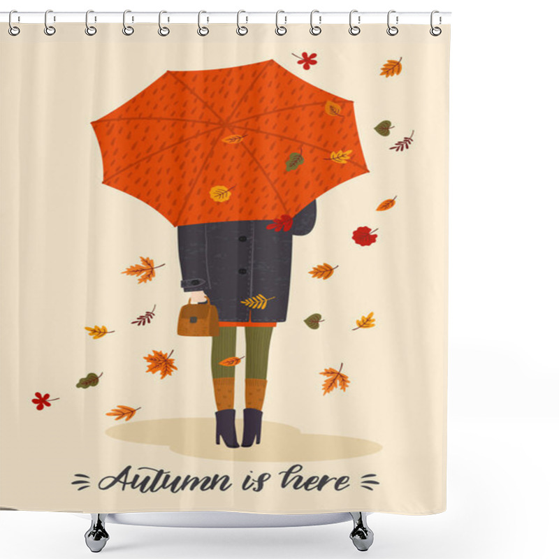 Personality  Autumn Illustration With Cute Woman Under Umbrella. Vector Design Shower Curtains