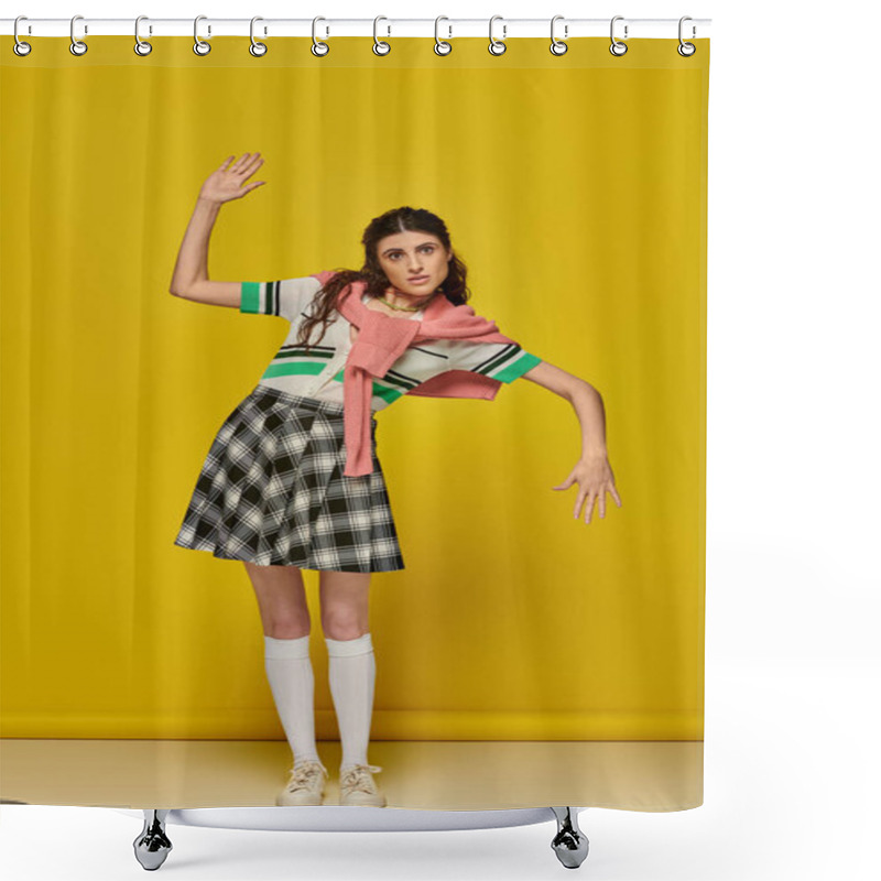 Personality  Brunette Woman Acting Like A Doll, Gesturing Unnaturally, Standing On Yellow Backdrop, Student Shower Curtains