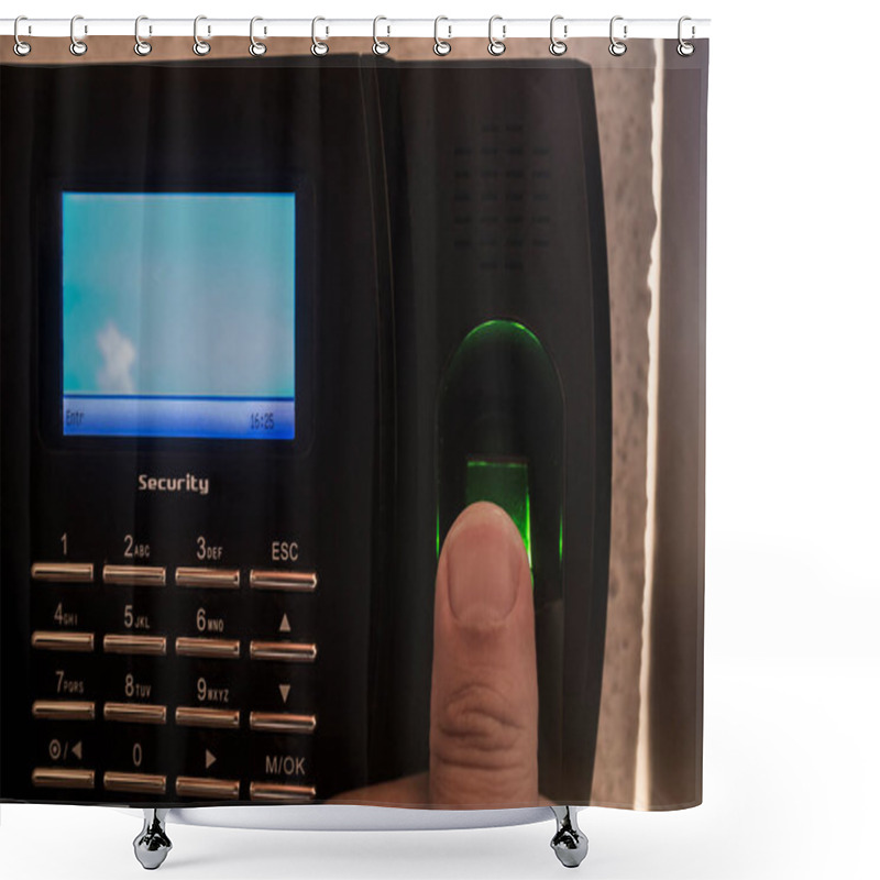 Personality  Employee Doing Check In On  Fingerprint Attendance Machine. Selective Focus Shower Curtains