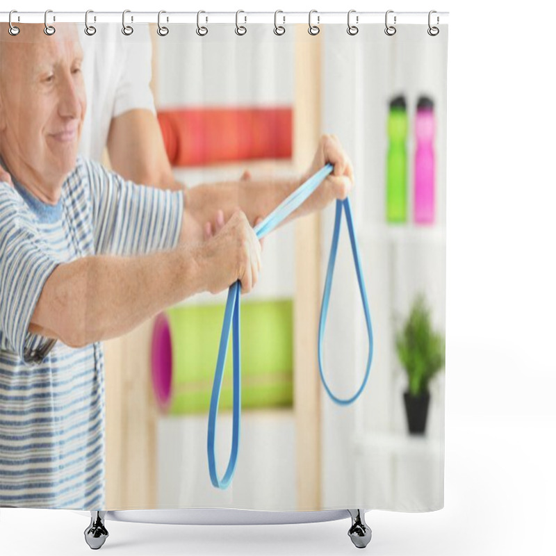 Personality  Elderly Patient Training With Rubber Band Under Doctor's Supervision In Physiotherapy Center Shower Curtains