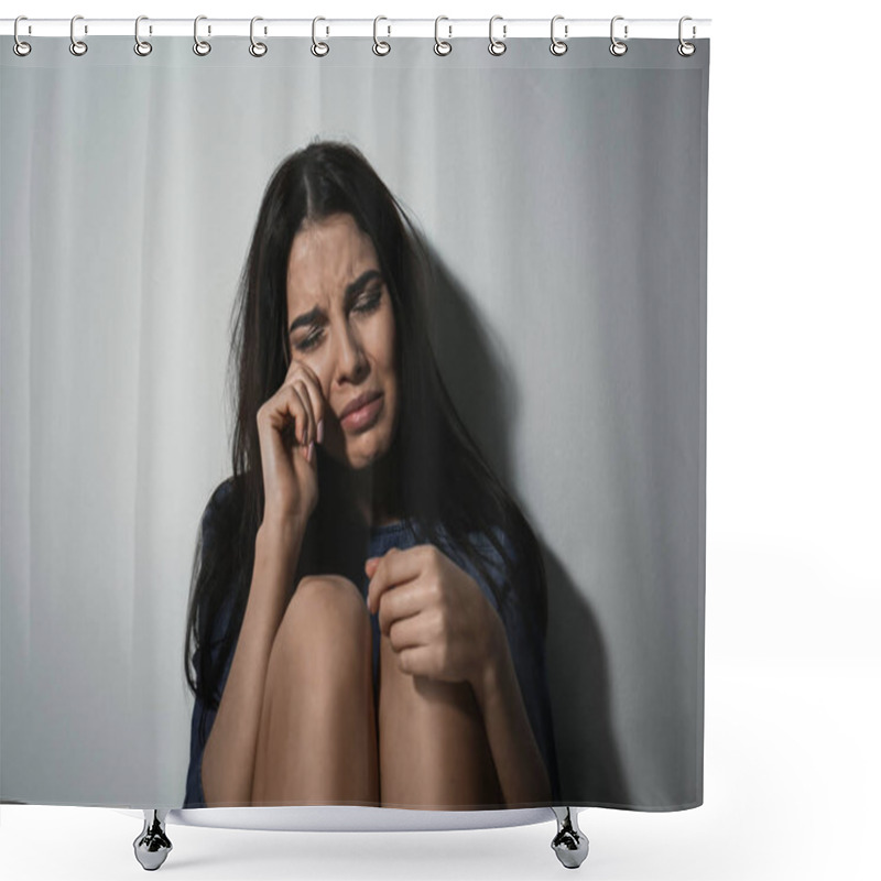 Personality  Abused Young Woman Crying Near White Wall. Domestic Violence Con Shower Curtains