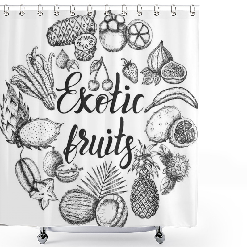 Personality  Vector Illustration, Set Of Hand Drawn Exotic Fruits With Inscription Shower Curtains