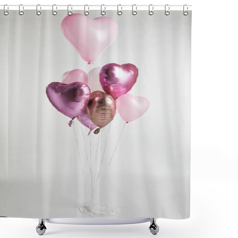 Personality  Bundle Of Festive Heart-shaped Pink And Golden Balloons On White  Shower Curtains