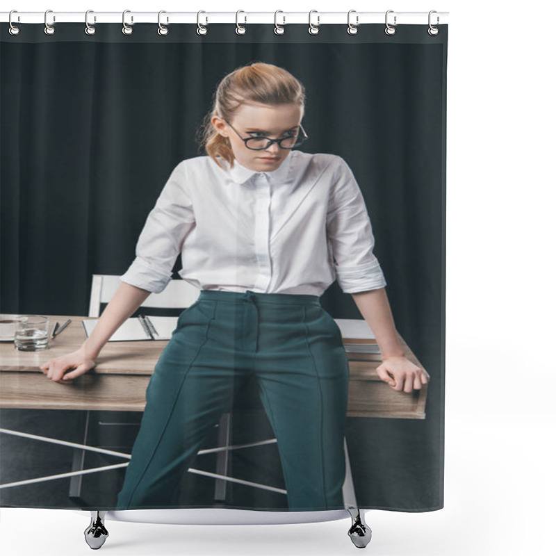 Personality  Woman In Eyeglasses Leaning On Table Shower Curtains