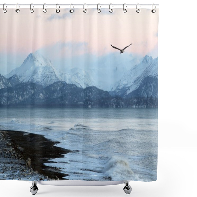 Personality  Alaskan Beach At Sunset With Flying Eagle Shower Curtains