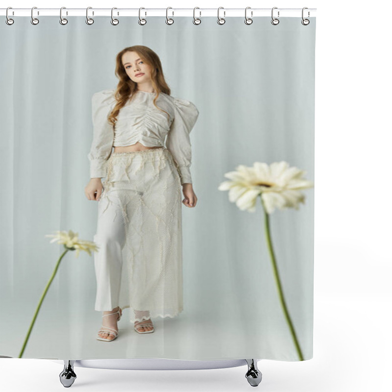 Personality  A Beautiful Young Woman Poses Elegantly With Fresh Blooms Around Her. Shower Curtains