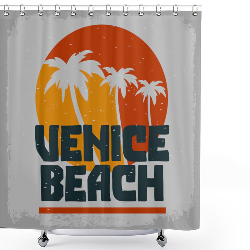 Personality  Venice Beach Los Angeles California Palm Trees  Label Sign  Logo Hand Drawn Lettering  For T Shirt Or Sticker Poster For Promotion Ads Vector Image Shower Curtains