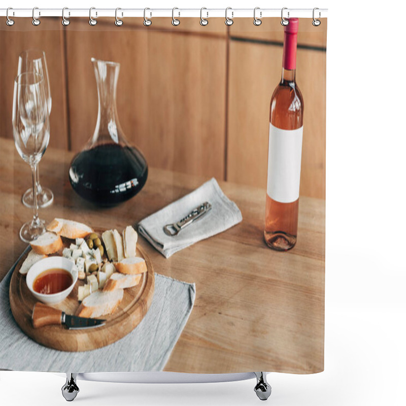 Personality  Bottle Of Wine, Jug, Wine Glasses And Food On Wooden Table Shower Curtains