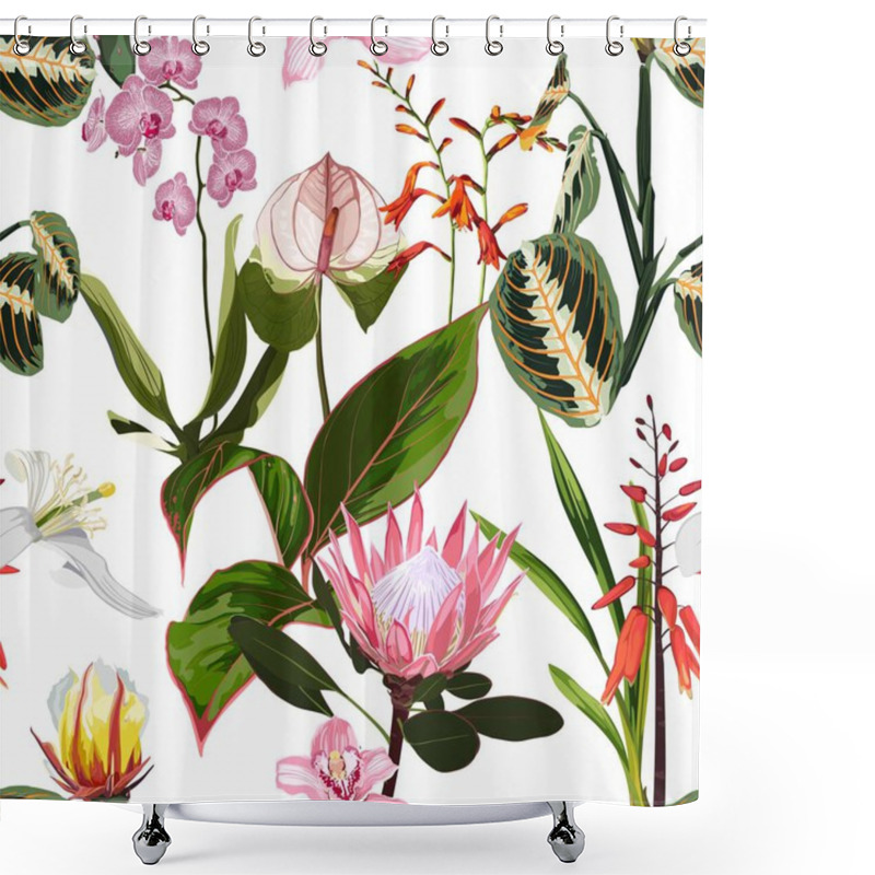 Personality  Exotic Flowers Pattern. Many Kind Of Exotic Tropical Flowers In Summer Print. Hawaiian T-shirt And Swimwear Tile.  Hypernatural Botanic Design. Shower Curtains