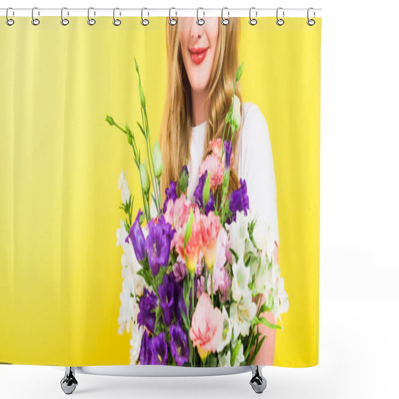 Personality  Panoramic Shot Of Blonde Girl With Flowers Isolated On Yellow Shower Curtains