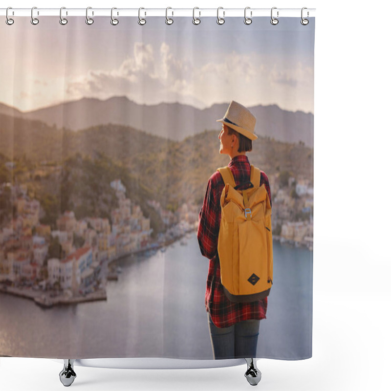 Personality  Nice Asian Happy Female With Backpack Enjoying Her Holidays On Symi Islands In Sunset Time. View Of Port Symi Or Simi, Is Tiny Island Of Dodecanese, Greece, Calm Atmosphere And Fabulous Architecture. Shower Curtains