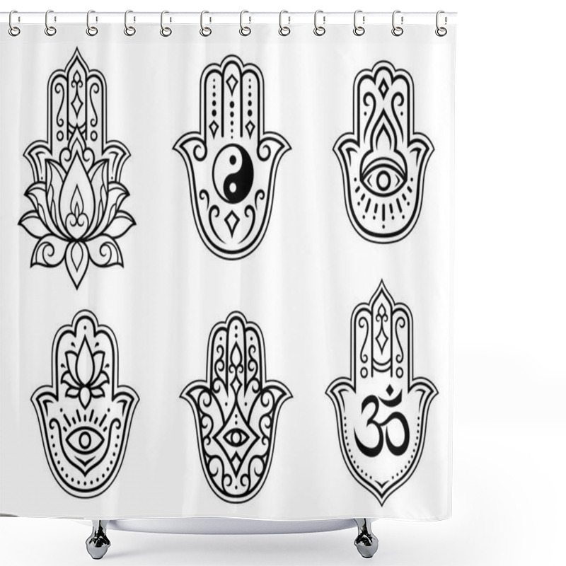 Personality  Set Of Hamsa Hand Drawn Symbol, Lotus Flower, Yin-Yang And OM Sigils. Decorative Pattern In Oriental Style For Interior Decoration And Henna Drawings. The Ancient Sign Of 