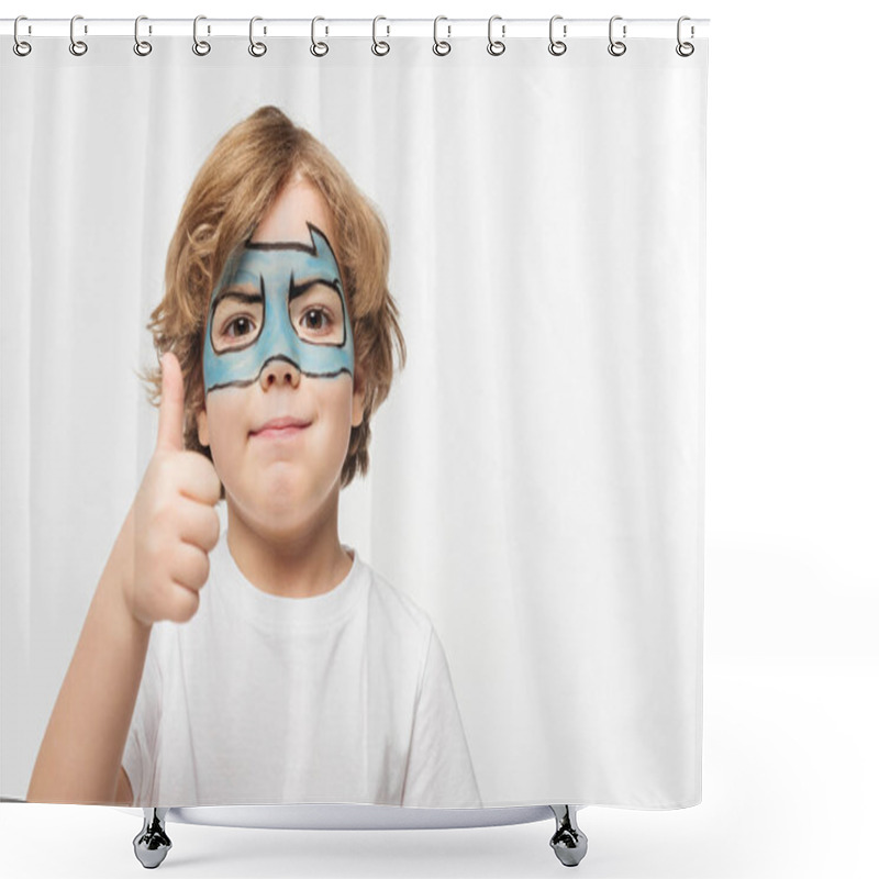 Personality  Cheerful Boy With Superhero Mask Painted On Face Showing Thumb Up While Looking At Camera Isolated On White Shower Curtains