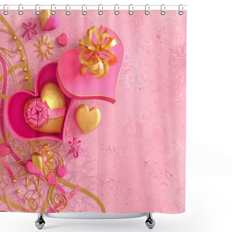 Personality  3d Rendering. Composition Figure Volumetric Brilliant Heart, Pink, Gold, Valentines Day Or Wedding Day Romantic Themes For Party, Events. Shower Curtains