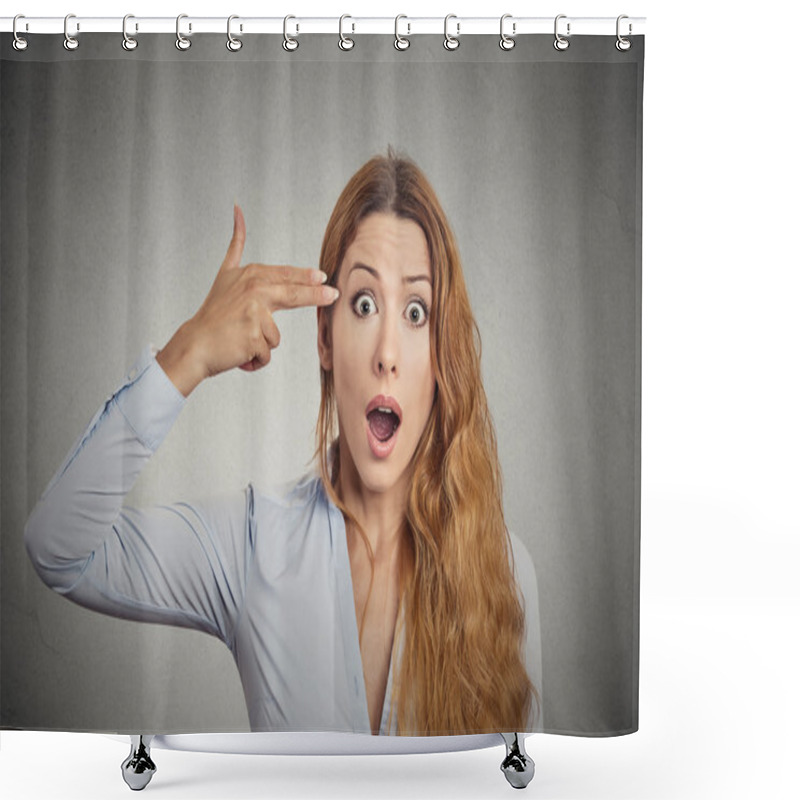 Personality  Stressed Young Woman With Hand Gun Gesture Shocked Shower Curtains