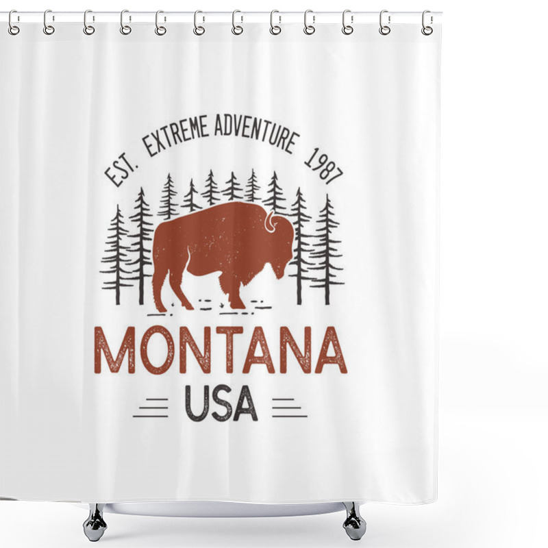 Personality  Montana USA Logo Template, Retro National Park Adventure Emblem Design With Bison Buffalo And Trees Head. Unusual Vintage Art Style Sticker. Stock Vector Label. Shower Curtains