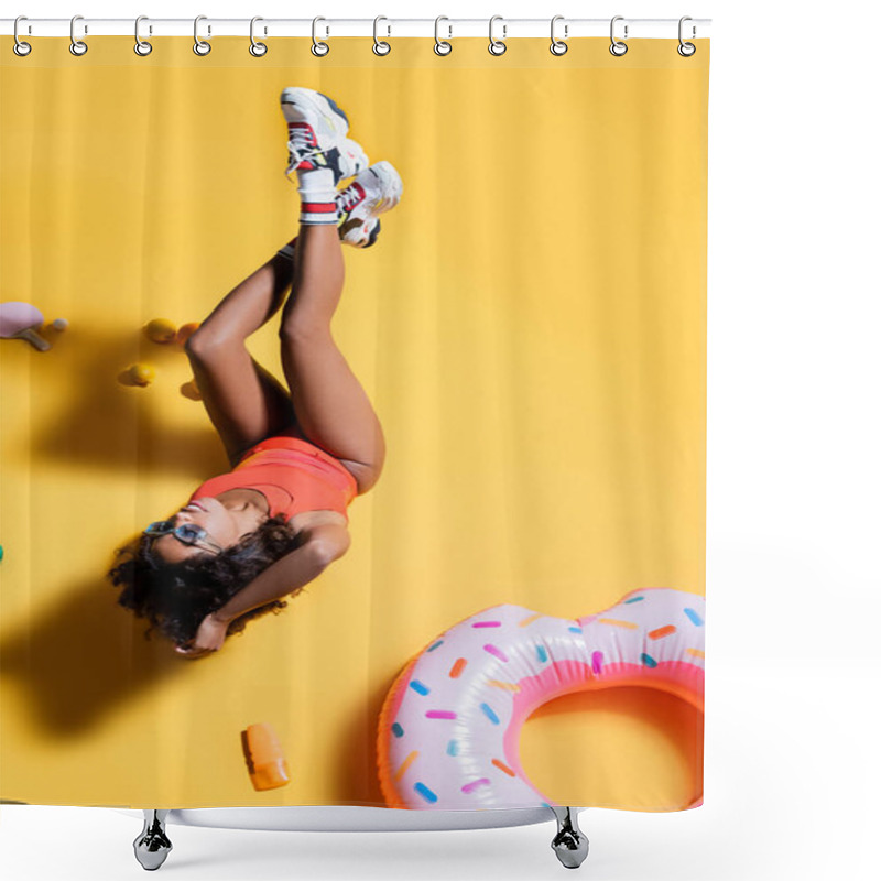 Personality  Top View Of African American Woman In Sneakers And Swimsuit Near Fruits And Swim Ring On Yellow Background Shower Curtains