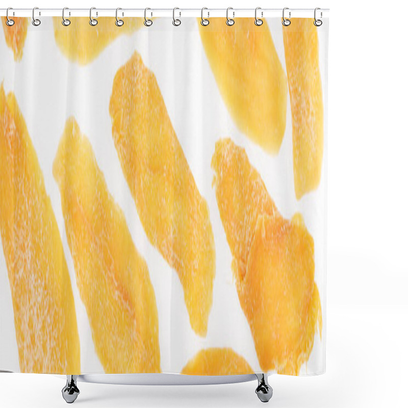 Personality  Close Up View Of Dried Mango Slices Isolated On White, Panoramic Shot Shower Curtains