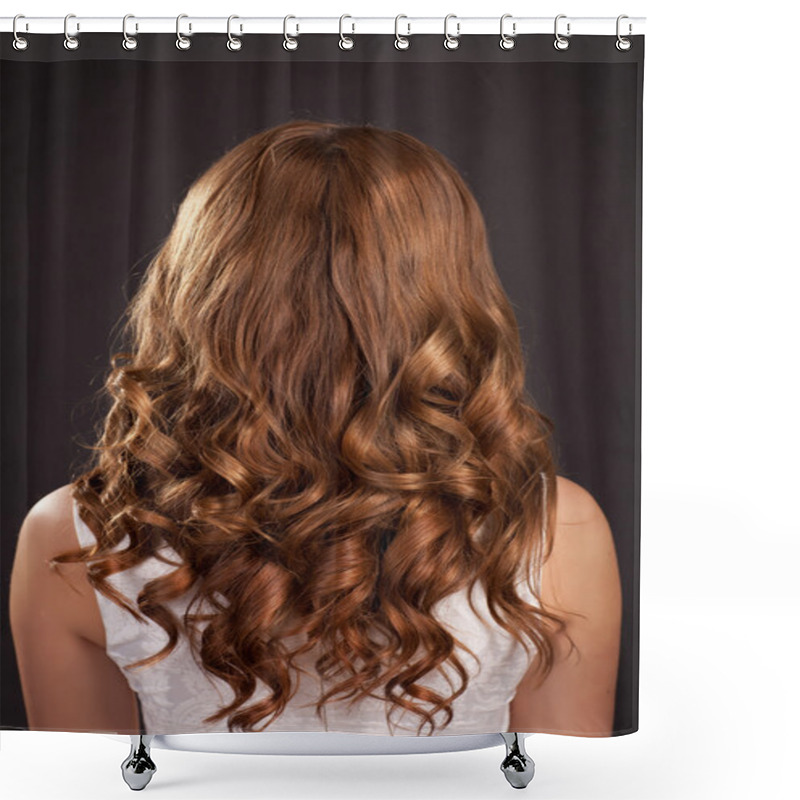 Personality  Beautiful Long Hair Brunette Woman With Healthy Curly Dark Hair And Stylish Hairstyle. Teenager Girl Beauty Model. Fashion Lady With Long Curly Glossy Hairs At Studio. Health And Beauty Products Shower Curtains