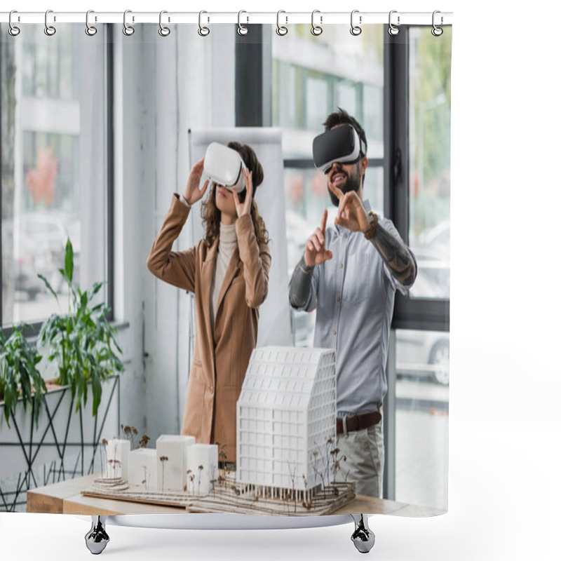 Personality  Smiling Virtual Reality Architects In Virtual Reality Headsets Pointing With Finger  Shower Curtains