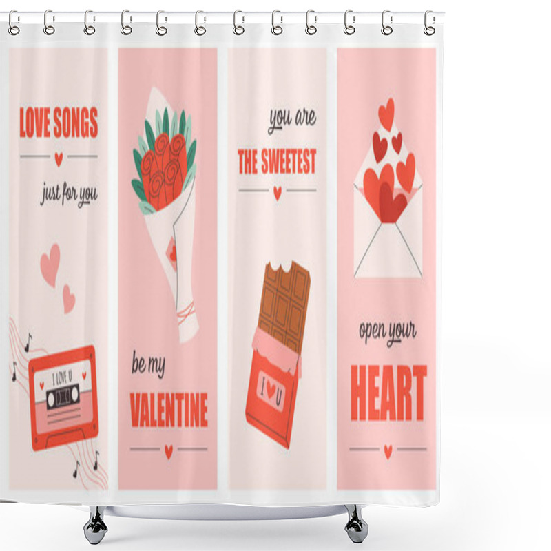 Personality  Happy Valentines Day Greeting Cards Set With Festive Stickers. Illustration For Card, Web Banner, Package, Poster, Cover, Website. Vector Illustration In Flat Style Shower Curtains