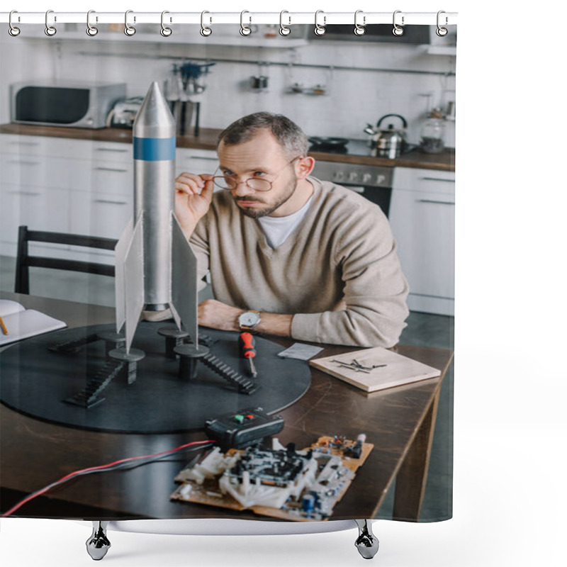 Personality  Handsome Engineer Looking Above Glasses At Rocket Model At Home Shower Curtains