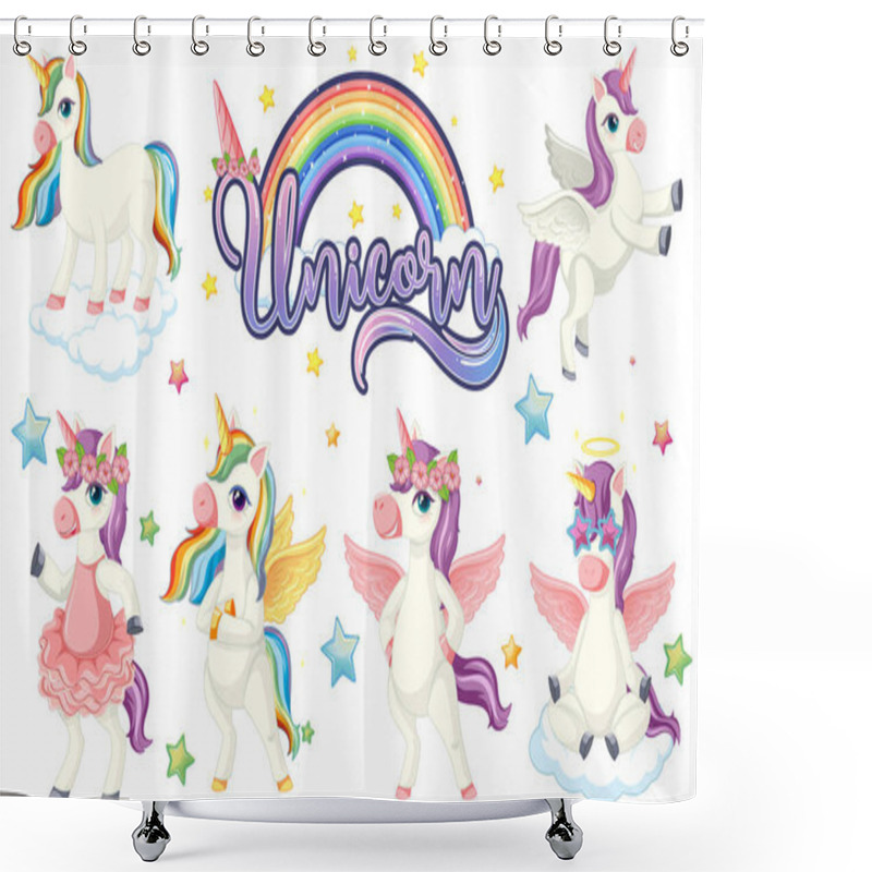 Personality  Set Of Colourful Unicorn Character Illustration Shower Curtains